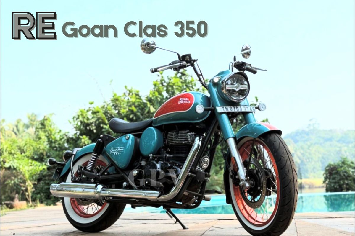 Royal Enfield Goan Classic 350 bobber motorcycle in bold colors with vintage design and modern features.