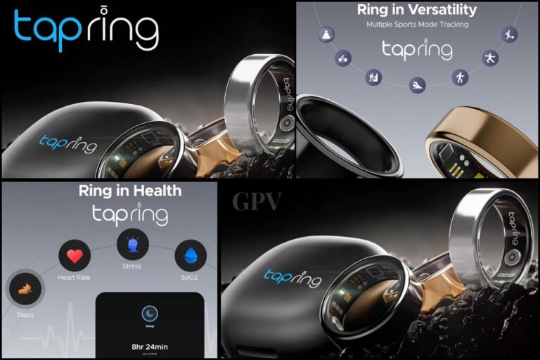 TapRing Smart Ring in Midnight Black with stainless-steel design, 5ATM water resistance, and fitness tracking features.